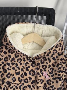 SHEIN Elladie kids 少女款豹紋連帽冬季外套，Y2K上衣，長袖上衣，秋季新款，度假風，豹紋天鵝絨加厚夾克 - 棕色 - 查看 7