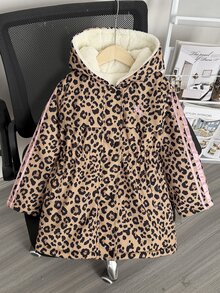 SHEIN Elladie kids 少女款豹紋連帽冬季外套，Y2K上衣，長袖上衣，秋季新款，度假風，豹紋天鵝絨加厚夾克 - 棕色 - 查看 8