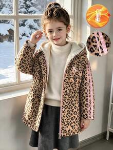SHEIN Elladie kids 少女款豹紋連帽冬季外套，Y2K上衣，長袖上衣，秋季新款，度假風，豹紋天鵝絨加厚夾克 - 棕色 - 查看 4