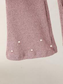 SHEIN Elladie kids 女童 2 件組針織套裝，高領不對稱披肩毛衣連身裙，珍珠與水鑽裝飾，搭配喇叭褲，聖誕秋季穿搭 - 藕粉色 - 查看 8