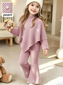 SHEIN Elladie kids 女童 2 件組針織套裝，高領不對稱披肩毛衣連身裙，珍珠與水鑽裝飾，搭配喇叭褲，聖誕秋季穿搭 - 藕粉色 - 查看 3