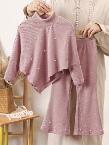 SHEIN Elladie kids 女童 2 件組針織套裝，高領不對稱披肩毛衣連身裙，珍珠與水鑽裝飾，搭配喇叭褲，聖誕秋季穿搭 - 藕粉色 - 查看 4
