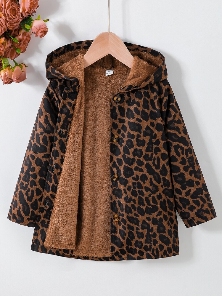 Young Girl Leopard Print Hooded Jacket With Fleece Lining, Button Front Long Sleeve Casual Coat For - Brown - View 5