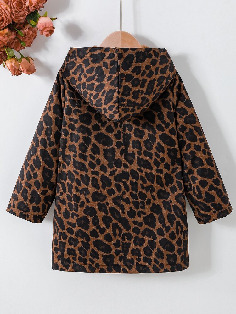 Young Girl Leopard Print Hooded Jacket With Fleece Lining, Button Front Long Sleeve Casual Coat For - Brown - View 2
