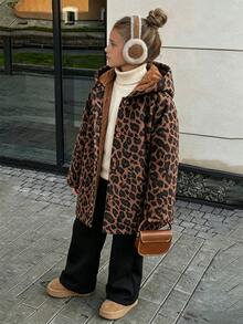 SHEIN Elladie kids 女童豹紋連帽夾克，內層抓絨，前襟鈕扣長袖休閒外套 - 棕色 - 查看 3