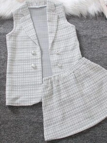 Elladie kids Young Girl Elegant Grey Plaid Double-Breasted Vest And A-Line Skirt 2 Pieces Set, Tweed Fabric - Grey - View 7