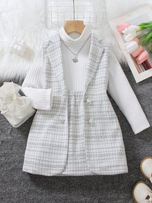 Elladie kids Young Girl Elegant Grey Plaid Double-Breasted Vest And A-Line Skirt 2 Pieces Set, Tweed Fabric - Grey - View 4
