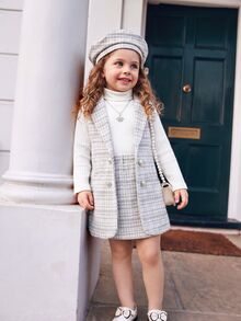 Elladie kids Young Girl Elegant Grey Plaid Double-Breasted Vest And A-Line Skirt 2 Pieces Set, Tweed Fabric - Grey - View 3