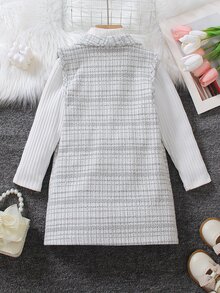 Elladie kids Young Girl Elegant Grey Plaid Double-Breasted Vest And A-Line Skirt 2 Pieces Set, Tweed Fabric - Grey - View 2