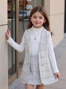 Elladie kids Young Girl Elegant Grey Plaid Double-Breasted Vest And A-Line Skirt 2 Pieces Set, Tweed Fabric - Grey - View 1