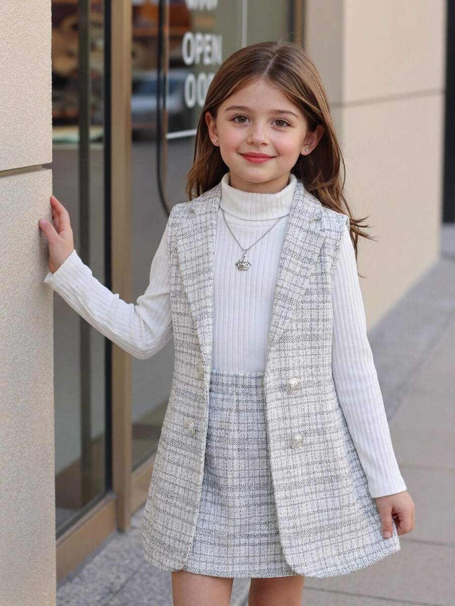 Elladie kids Young Girl Elegant Grey Plaid Double-Breasted Vest And A-Line Skirt 2 Pieces Set, Tweed Fabric - Grey - View 1