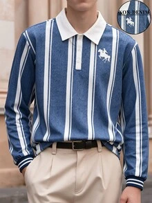 青少年男孩牛仔藍休閒經典條紋牛仔效果小馬印花長袖T恤 Polo衫 秋季精選 - 藍色 - 查看 4