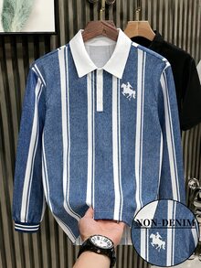 青少年男孩牛仔藍休閒經典條紋牛仔效果小馬印花長袖T恤 Polo衫 秋季精選 - 藍色 - 查看 1