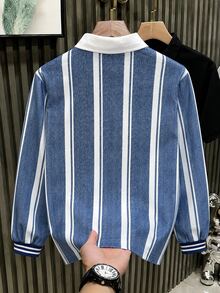 青少年男孩牛仔藍休閒經典條紋牛仔效果小馬印花長袖T恤 Polo衫 秋季精選 - 藍色 - 查看 3