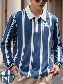 青少年男孩牛仔藍休閒經典條紋牛仔效果小馬印花長袖T恤 Polo衫 秋季精選 - 藍色 - 查看 5