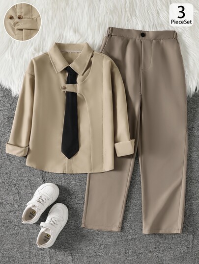 SHEIN Boys Khaki Collar Tie Shirt Set, Casual Lapel Top And Straight Leg Dress Pants 2 Pieces Outfit, Suitable For Piano/Violin Performance, Wedding, Graduation Ceremony, Formal Occasions, Birthday Party, Evening Events, Performance, Reception, Wedding Season, Autumn, All Season Gift