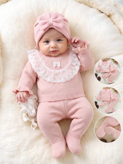 SHEIN Baby Girls Sweater Co-Ords, Infant Baby Pullover Lace Trim Patchwork Bow Knit Long Sleeve Sweater, Comfortable, Suitable For Autumn/Winter Season + Knit Footed Long Pants, 2-Piece Set, Pink, Versatile, Daily, Gentle, Elegant, Stylish, Suitable For Outings, Travel, Family Gatherings