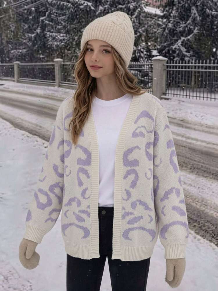 Tween Girl Leopard Pattern Duster Cardigan Autumn Winter - Beige - View 8