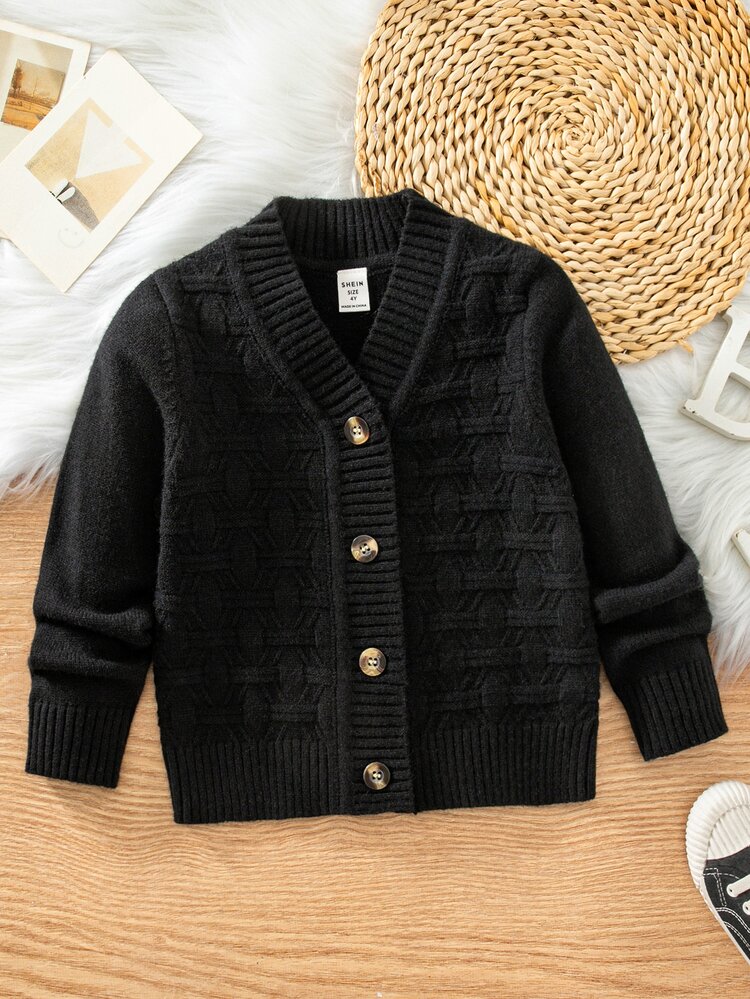 SHEIN Young Boy Solid Color Textured Single-Breasted Long Sleeve Knit Cardigan Autumn Winter - Black - View 1