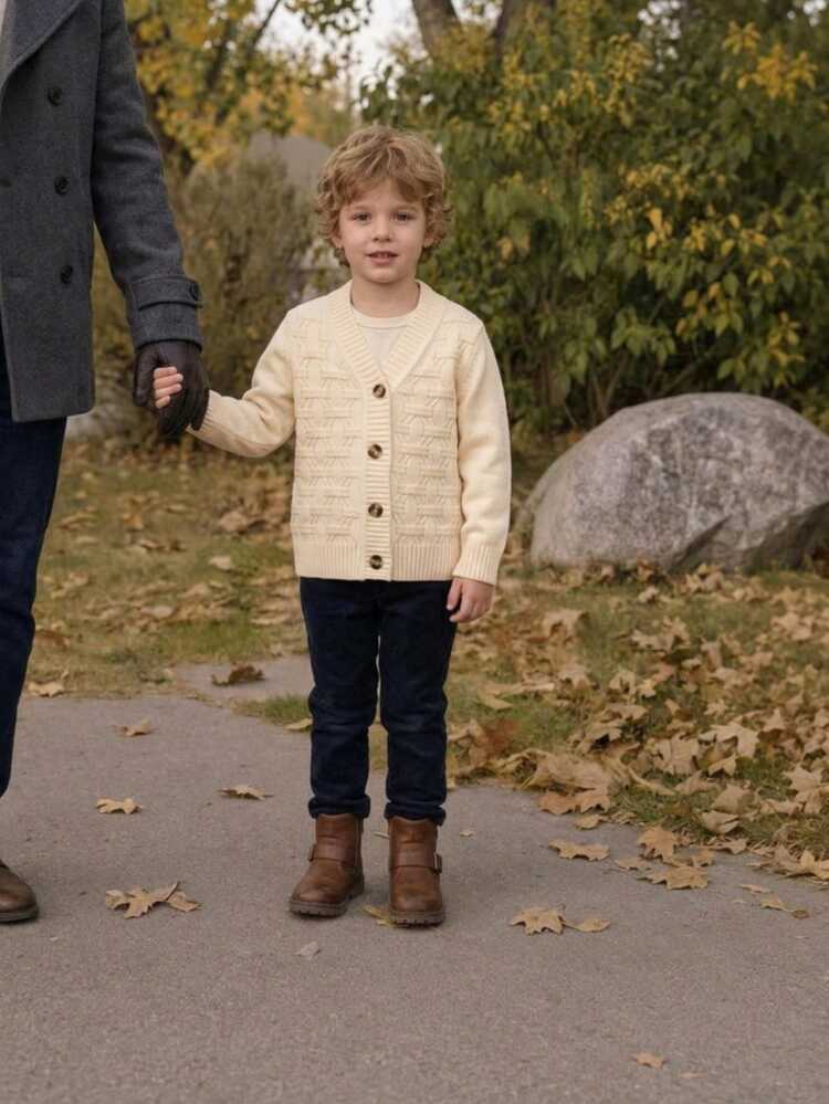 SHEIN Vintaside Kids Cardigan Kasual Serbaguna Warna Polos untuk Anak Laki-Laki, Cocok untuk Pakaian Sehari-hari, Musim Gugur dan Musim Dingin - Aprikot - View 8