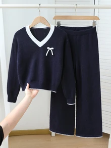 Tween Girls' Autumn/Winter Fashion Pattern Jacquard Knit Sweater Long Sleeve Pullover & Long Pants Set - Navy Blue - View 8