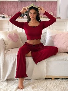 SweetSlumber Set Piyama Celana Lengan Panjang Rajut Manis & Pedas untuk Wanita - Burgundy - View 6
