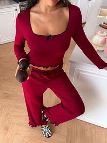SweetSlumber Set Piyama Celana Lengan Panjang Rajut Manis & Pedas untuk Wanita - Burgundy - View 4