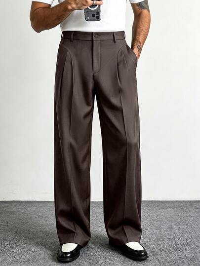 HUEFORM Men's Vintage Dark Brown Double Pleated Wide Leg Dress Pants, Business Casual Draped Straight Leg Trousers, Gentleman Office Work Daily Street Wear Versatile Pants