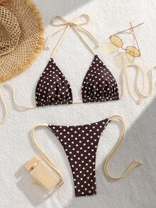 Oceva 女款夏季度假休閒沙灘裝派對棕色波點印花兩件式比基尼套裝 掛脖綁帶性感泳衣套裝 - 彩色 - 查看 3