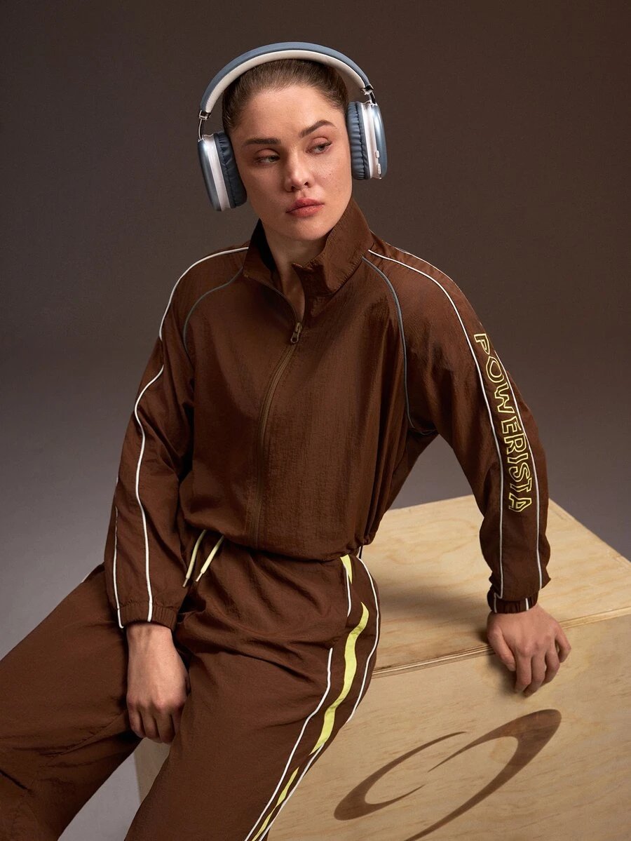 Powerista Women All Seasons Sports Jacket Brown Full Zip Track Jacket With White Stripes Stand Collar Cropped Sports Coat Long Sleeve Athletic Wear Reflective - Brown - View 1