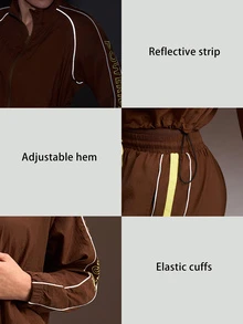 Powerista Women All Seasons Sports Jacket Brown Full Zip Track Jacket With White Stripes Stand Collar Cropped Sports Coat Long Sleeve Athletic Wear Reflective - Brown - View 3