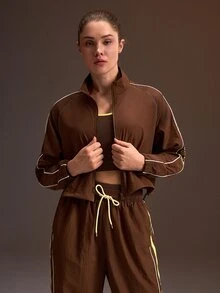 Powerista Women All Seasons Sports Jacket Brown Full Zip Track Jacket With White Stripes Stand Collar Cropped Sports Coat Long Sleeve Athletic Wear Reflective - Brown - View 5
