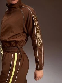 Powerista Women All Seasons Sports Jacket Brown Full Zip Track Jacket With White Stripes Stand Collar Cropped Sports Coat Long Sleeve Athletic Wear Reflective - Brown - View 8