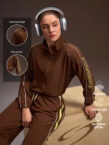 Powerista Women All Seasons Sports Jacket Brown Full Zip Track Jacket With White Stripes Stand Collar Cropped Sports Coat Long Sleeve Athletic Wear Reflective - Brown - View 10