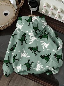 Kids Young Boy Hooded Long Sleeve Sweatshirt, Classic Handsome Cartoon Dinosaur Print, Suitable For Autumn/Winter - Multicolor - View 3
