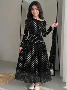 SHEIN 青少年女孩春秋冬季休閒優雅時尚新款黑色不對稱肩蝴蝶結裝飾對比蕾絲長袖洋裝，日常穿著，外出/內搭洋裝 - 黑色 - 查看 3