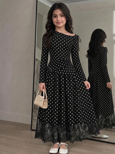 SHEIN Tween Girl Spring Autumn Winter Casual Elegant Fashion New Black Asymmetrical Shoulder Bow Decor Contrast Lace Long Sleeve Dress, Daily Wear, Outing/Inner Layer Dress