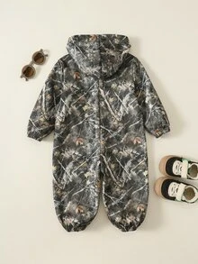 SHEIN Baby Boy Autumn/Winter Casual Branch Print Zip-Up Hooded Warm Jumpsuit - Multicolor - View 2