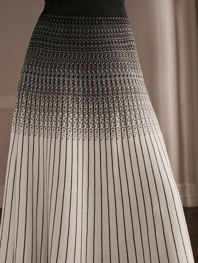 Anewsta Autumn/Winter Elegant Commute High Waist A-Line Full Skirt Black And White Gradient Striped Knit Midi Sweater Skirt For Women, Suitable For Commute And Daily Wear