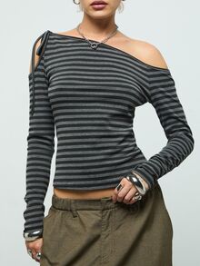 COUREZ Long Sleeve Cold Shoulder Top In Stripe Y2K Street Stripper Black And White Stripe Cute Autumn Clothes Going Out For Women Night Out Night Club - Black - View 6