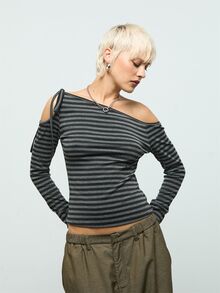 COUREZ Long Sleeve Cold Shoulder Top In Stripe Y2K Street Stripper Black And White Stripe Cute Autumn Clothes Going Out For Women Night Out Night Club - Black - View 7