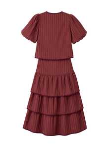 Nöista  Burgundy Striped Two Pieces Set,Ruffles,Perfect Youthful, Soft Elegant,Sweet, Practical,Suitable Everyday Wear-Girls With Sweet ,Fall Winter. - Rust Brown - View 12