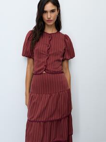 Nöista  Burgundy Striped Two Pieces Set,Ruffles,Perfect Youthful, Soft Elegant,Sweet, Practical,Suitable Everyday Wear-Girls With Sweet ,Fall Winter. - Rust Brown - View 6