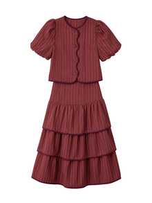 Nöista  Burgundy Striped Two Pieces Set,Ruffles,Perfect Youthful, Soft Elegant,Sweet, Practical,Suitable Everyday Wear-Girls With Sweet ,Fall Winter. - Rust Brown - View 11