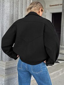 Pariaura Jaket Kulit PU Hitam Kerah Tegak Klasik, Potongan Longgar, Model Asimetris Depan, Gaya Motor - Hitam - View 2