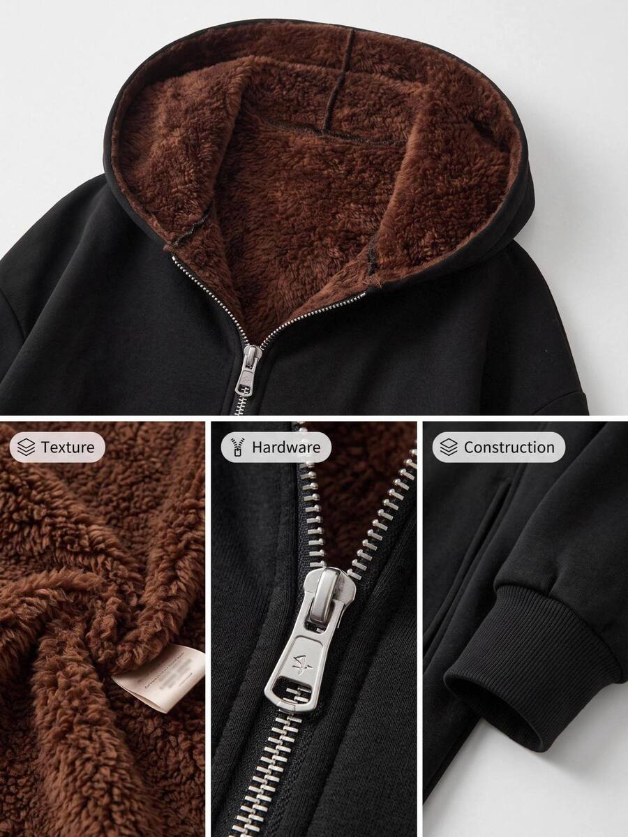 SHEIN CURVE+ Plus Size Women Solid Color Long Sleeve Zipper Front Casual Thermal Lined Hooded Jacket Winter - Multicolor - View 1