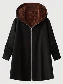 SHEIN CURVE+ Plus Size Women Solid Color Long Sleeve Zipper Front Casual Thermal Lined Hooded Jacket Winter - Multicolor - View 6