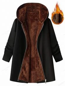 SHEIN CURVE+ Plus Size Women Solid Color Long Sleeve Zipper Front Casual Thermal Lined Hooded Jacket Winter - Multicolor - View 4