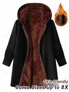 SHEIN CURVE+ Plus Size Women Solid Color Long Sleeve Zipper Front Casual Thermal Lined Hooded Jacket Winter - Multicolor - View 5