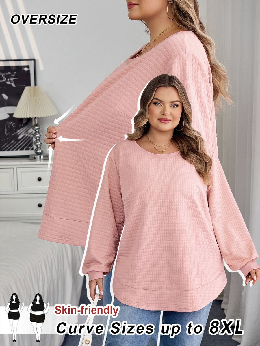 SHEIN CURVE+ 大尺碼女款休閒紋理布料寬鬆連帽衫,秋冬季 2026 22W - 藕粉色 - 查看 1
